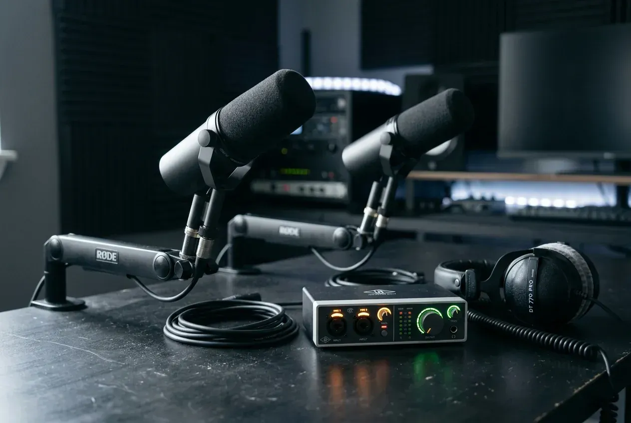 Two broadcast dynamic microphones on desktop boom arms beside a USB audio interface and monitor headphones