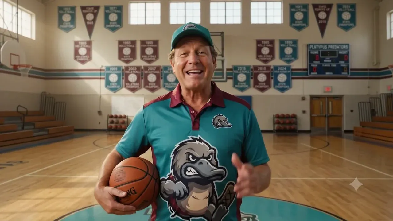 Coach Grinkler, an AI-generated character, smiling in a school gym in a teal Platypus Predators jersey and holding a basketball