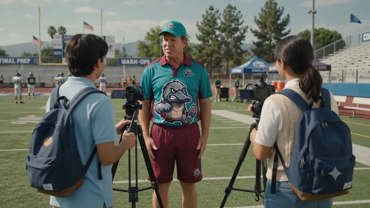 AI-generated scene of Coach Grinkler on a football field between two students working tripod-mounted video cameras