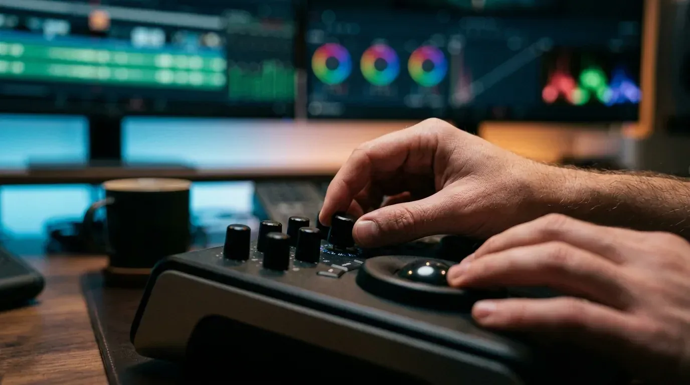 Close-up of colorist hands adjusting tactile dials and trackballs on a video color grading surface