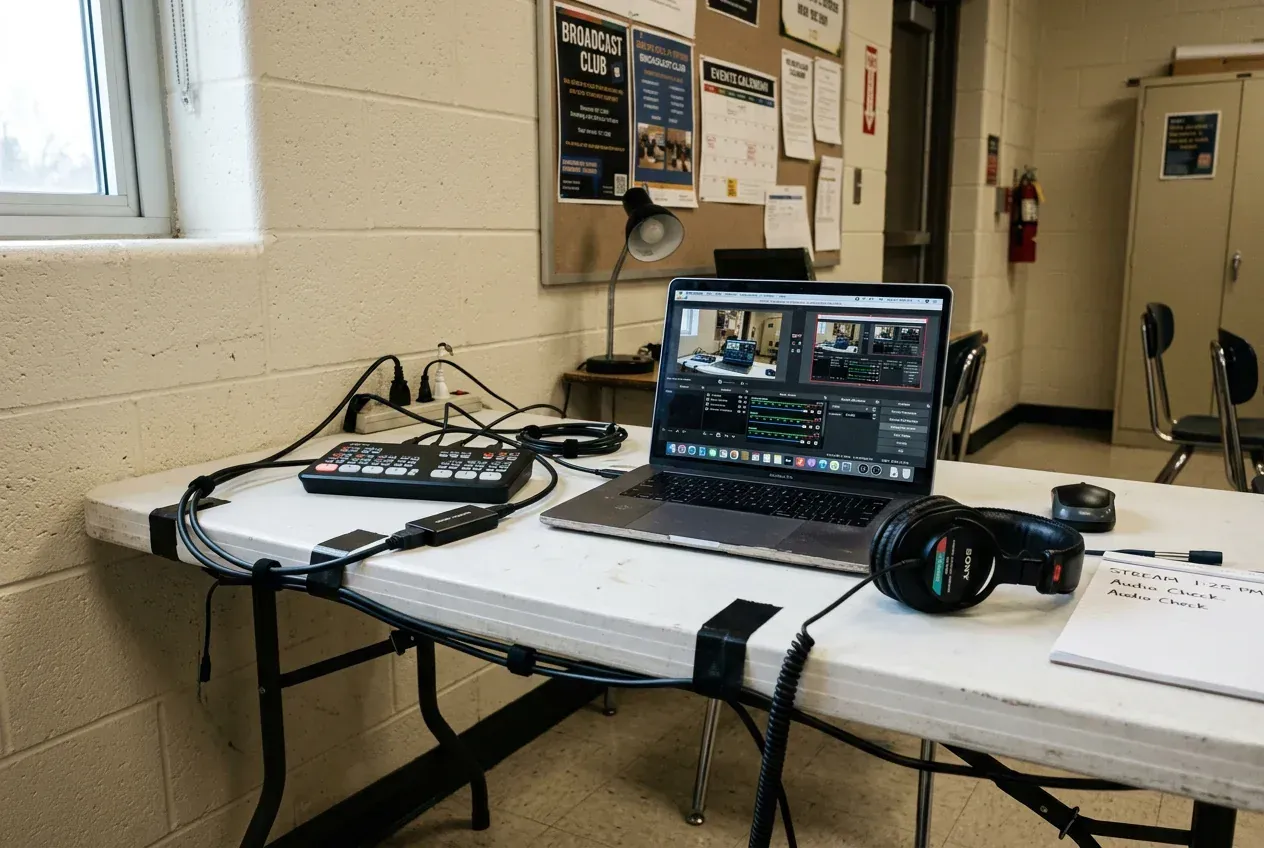 Modest school streaming station on a folding utility table with a laptop, four-button switcher, and monitor headphones