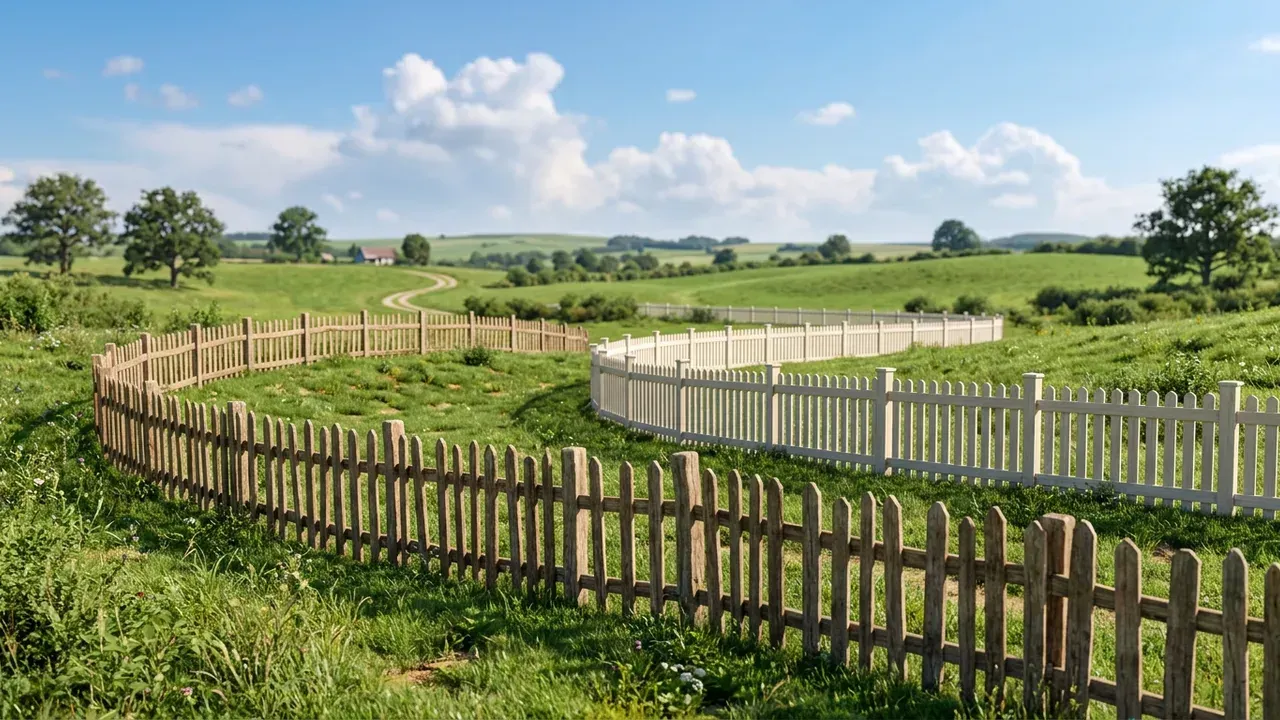 A Blender render of two fences following curving paths across a green field - a weathered rickety picket fence in front and a neat white one behind