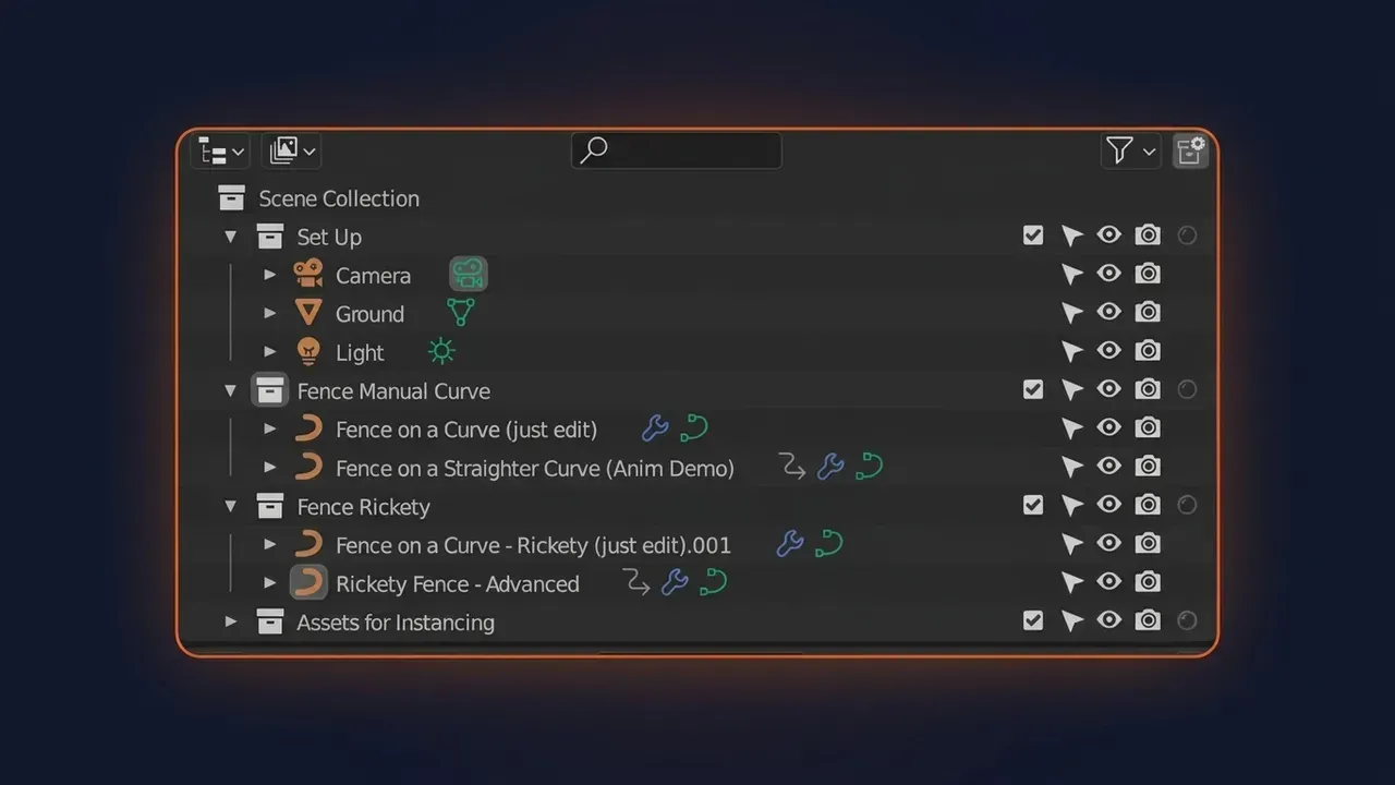 Blender outliner panel listing the pack's scene collection - Set Up, Fence Manual Curve, Fence Rickety and Assets for Instancing