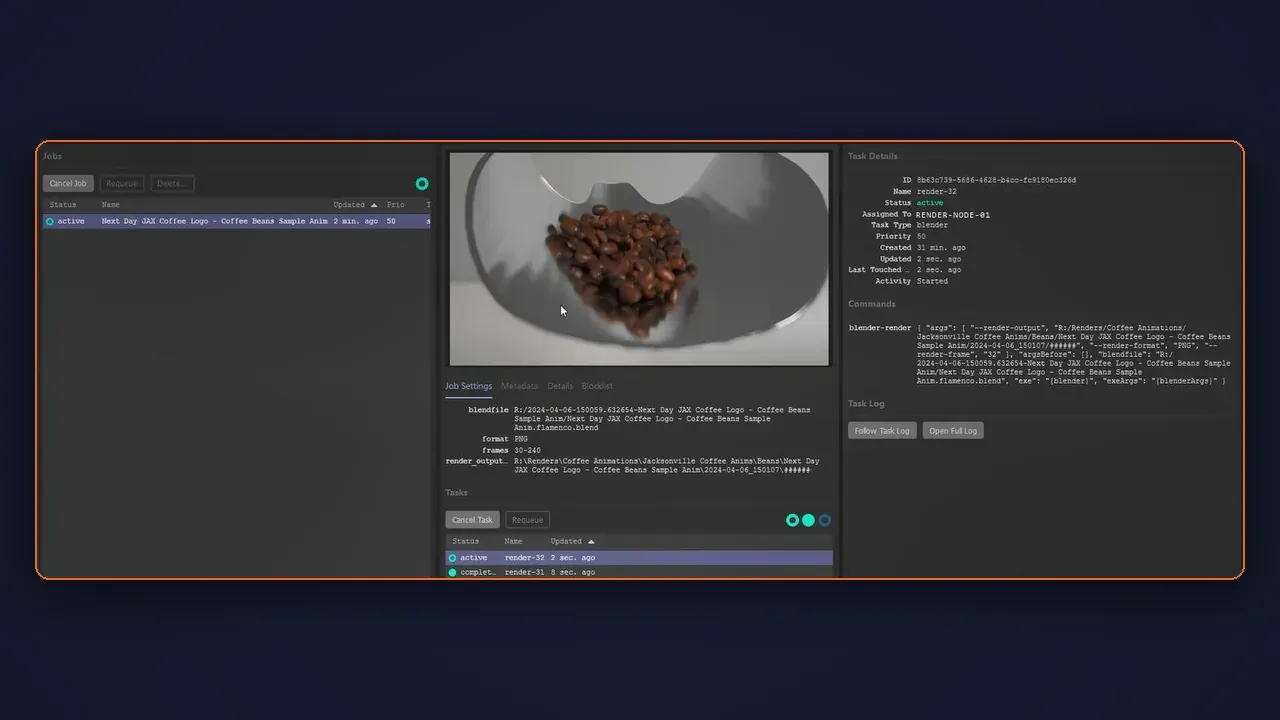 The Flamenco web interface showing an active render job, a preview of the frame being rendered, its blend file and output settings, and the task assigned to a render node