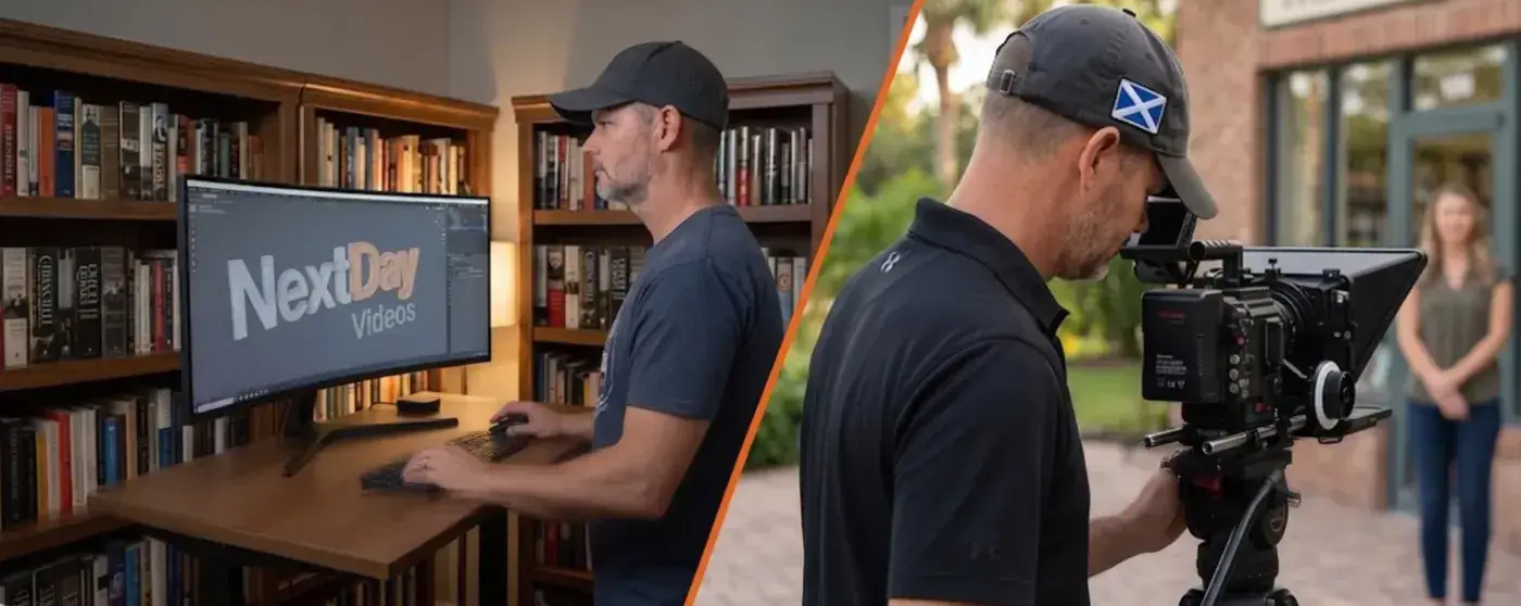 A diagonal split image of Aaron Belchamber - working in Blender at his desk on one side, and directing a presenter on a location shoot with a teleprompter and LED panel on the other