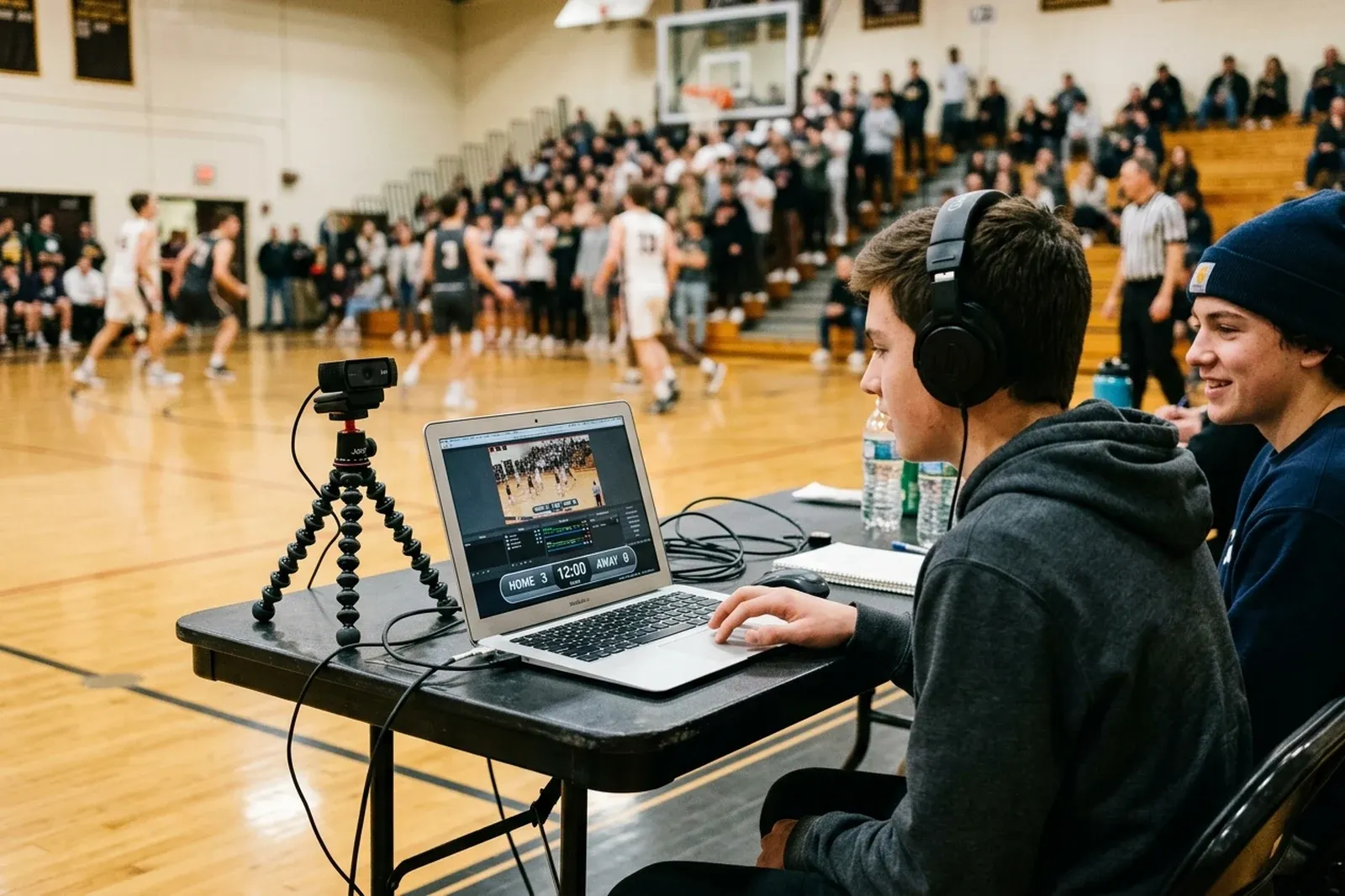 Two students at a courtside table watch a laptop showing the game with a score bar at the bottom, a webcam on a small tripod beside it.