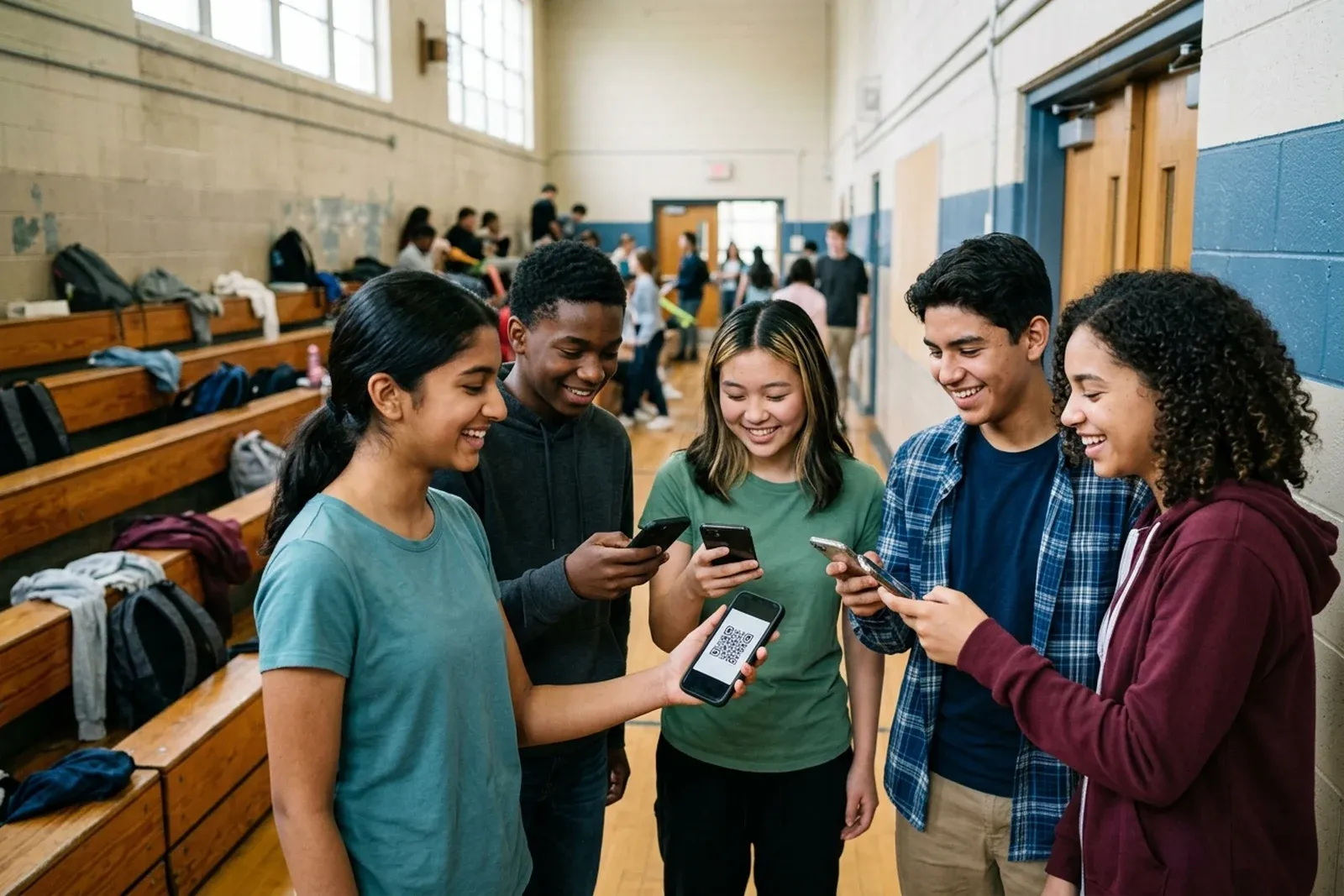 Five smiling students in a school gym corridor scan a QR code on a phone with their own phones.