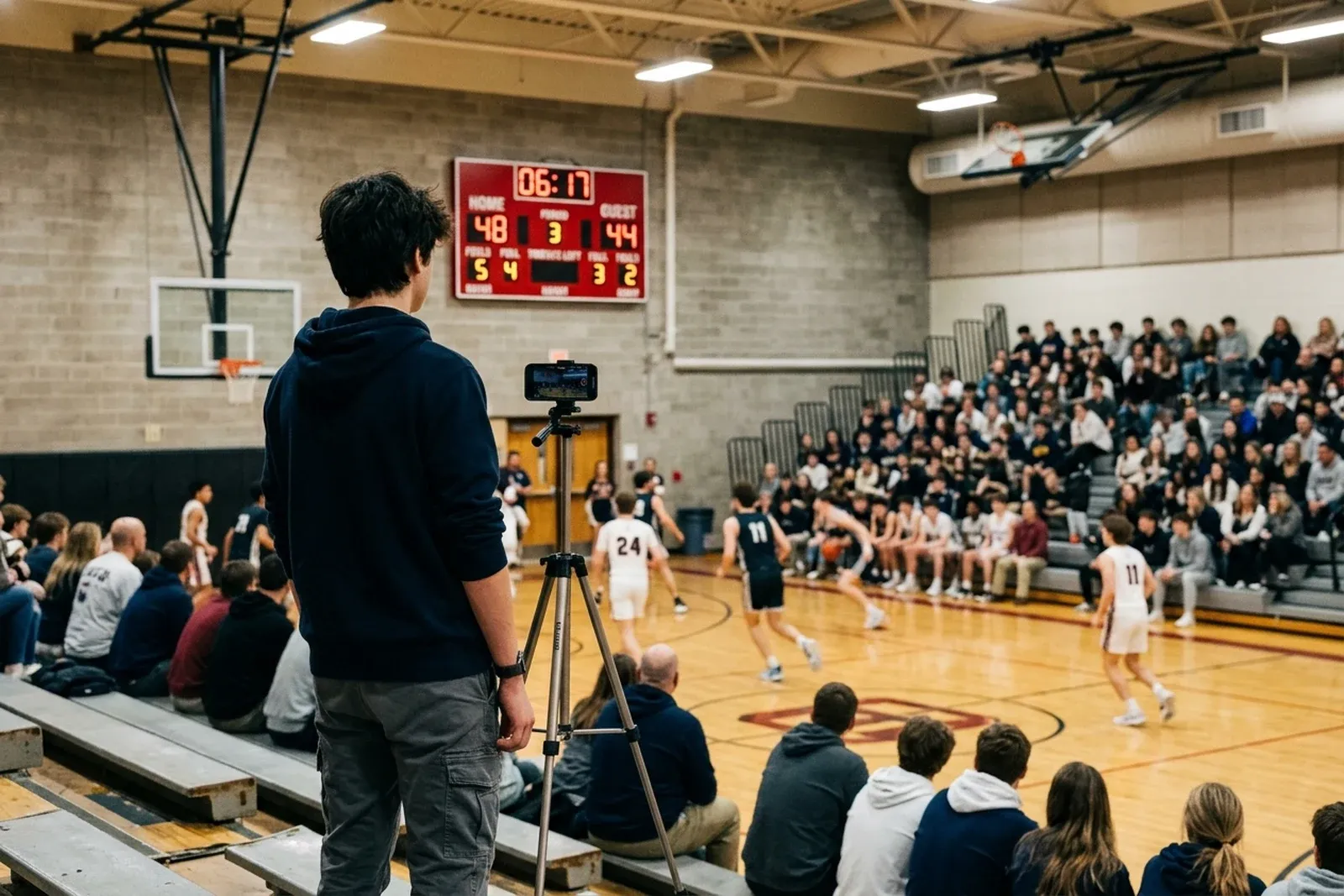 A student volunteer in a school gym stands beside a phone on a tripod aimed at the red LED scoreboard during a basketball game.