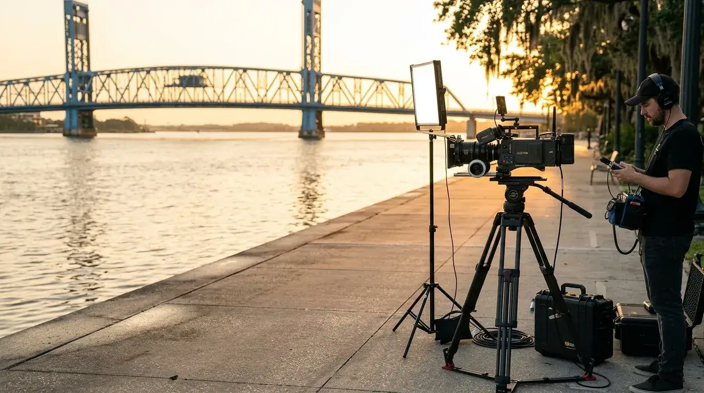 Camera on sticks and LED light on the Jacksonville riverfront at sunset with a steel truss bridge in the background