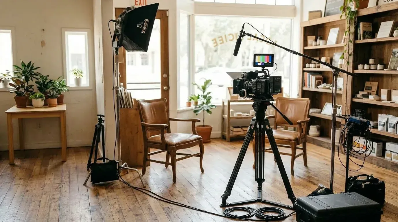 On-location interview setup in a small local business office with two leather chairs, camera, and softbox