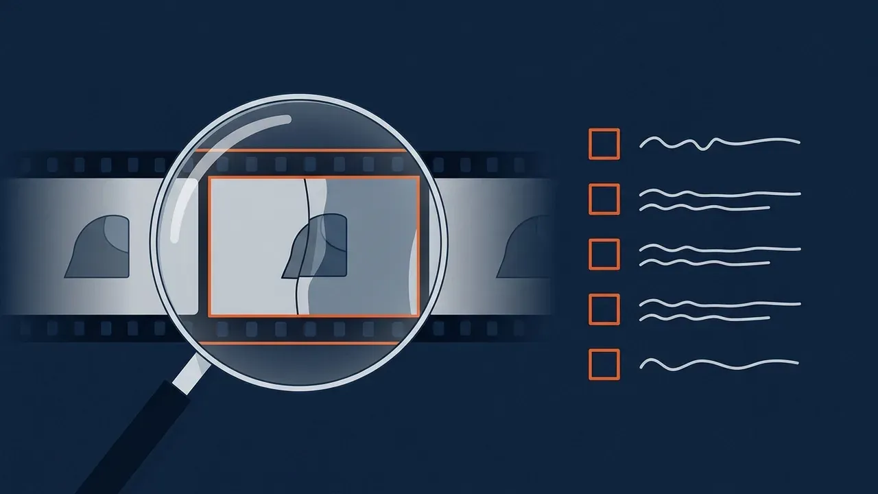 A magnifying glass over a strip of video frames, one frame outlined in orange for a glitch, beside a short checklist