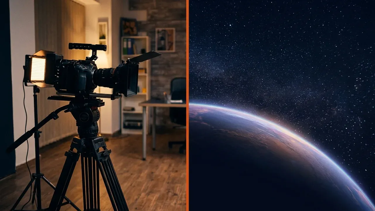 A cinema camera and light on a small studio set, split by an orange line from a generated view of a planet's horizon in space