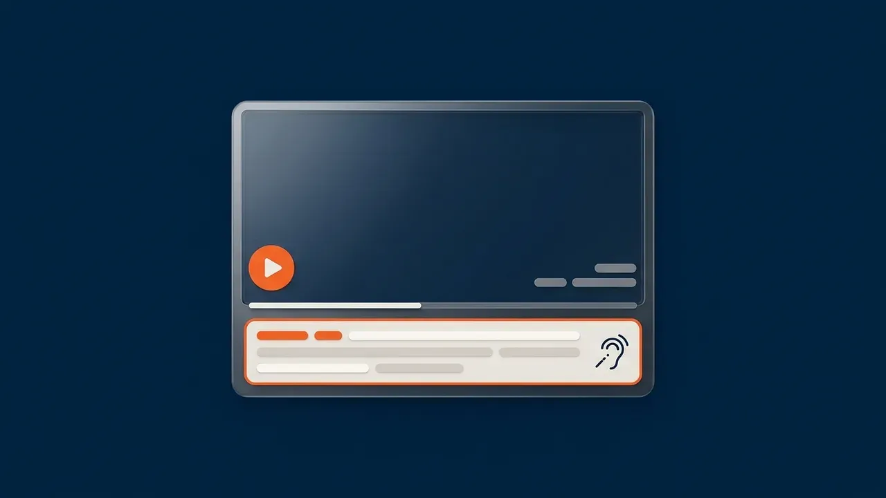 A video player on a dark ground with an orange-edged caption bar and a hearing symbol