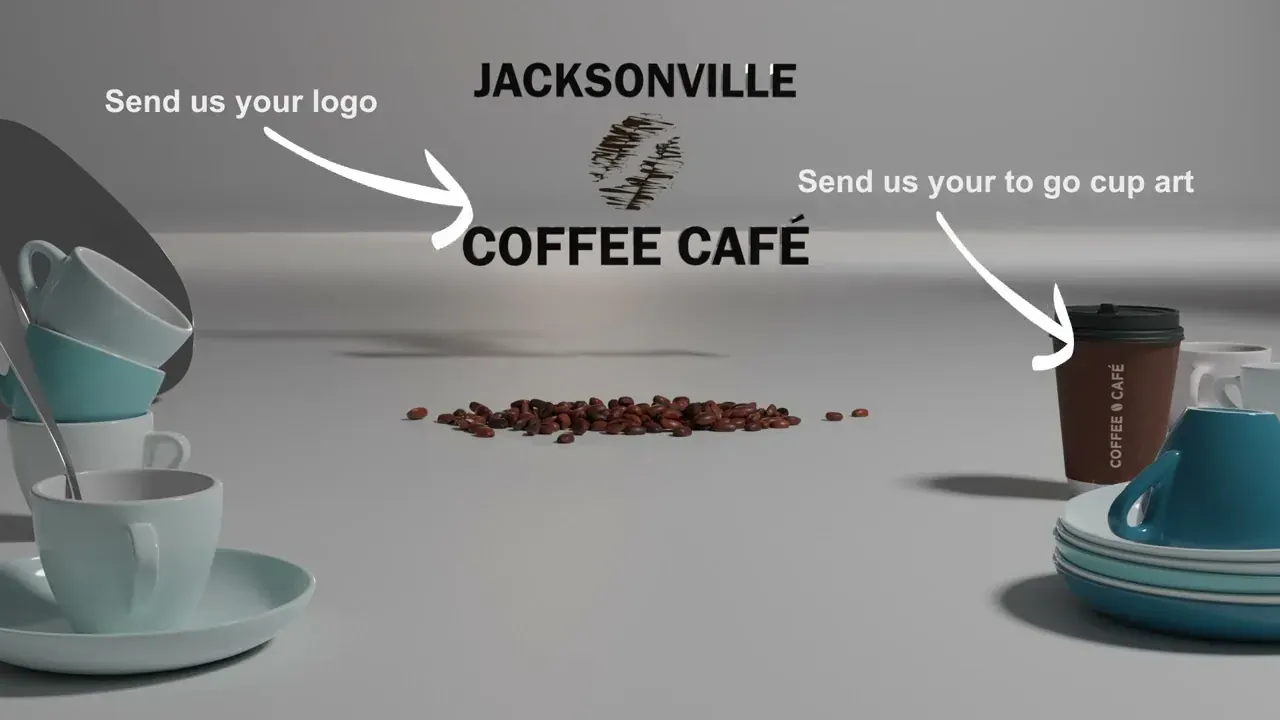 Still frame from the customizable coffee bean animation - a scooper of beans above a table set with branded coffee cups