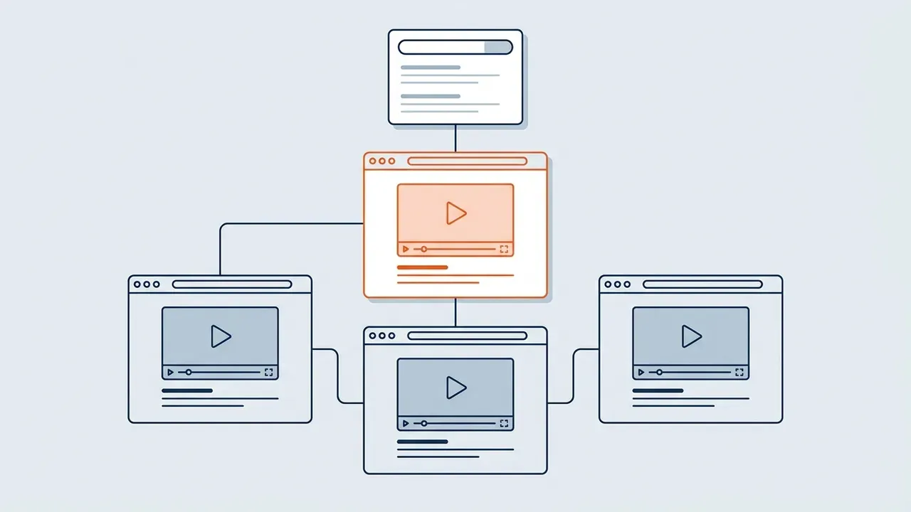 Several web pages each holding one video, linked to a search card, with one page highlighted in orange