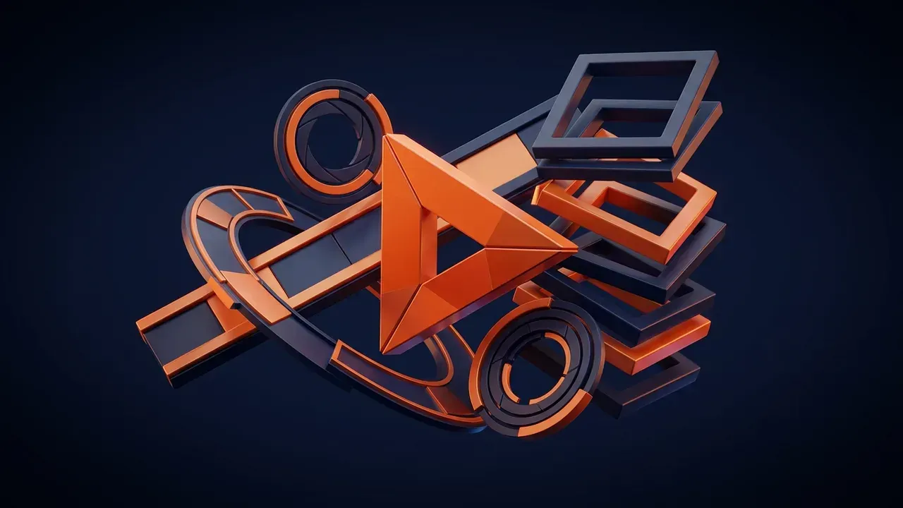 A 3D render of an orange play triangle surrounded by interlocking film frames, lens rings and timeline bars, in the studio’s orange and navy