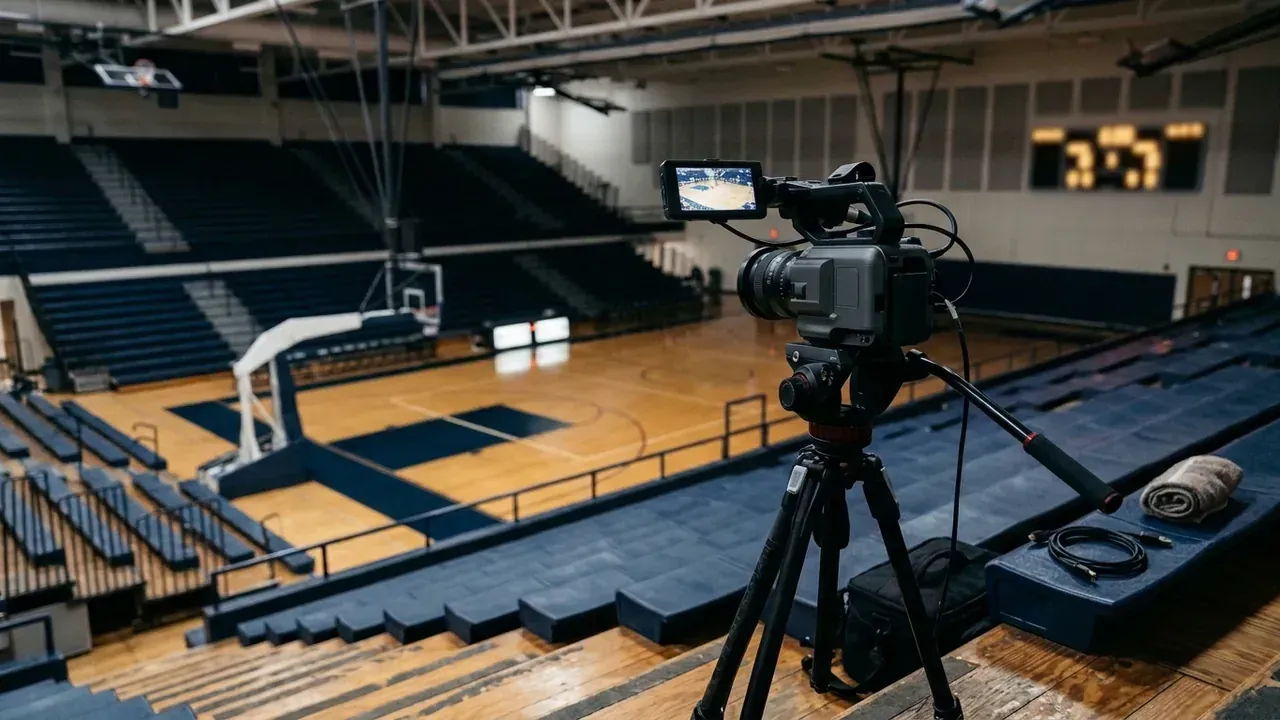 A camera in the bleachers filming a basketball court, a lit scoreboard behind it