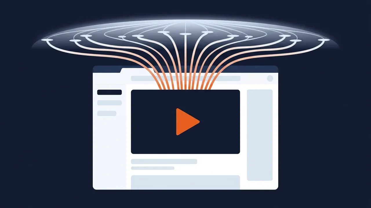 Illustration of a web page whose video window is fed by streams arriving from a wide distribution network