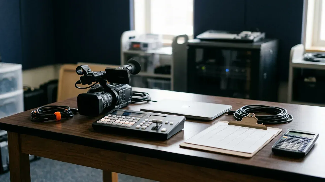 Broadcast gear on a classroom table beside a clipboard and a calculator