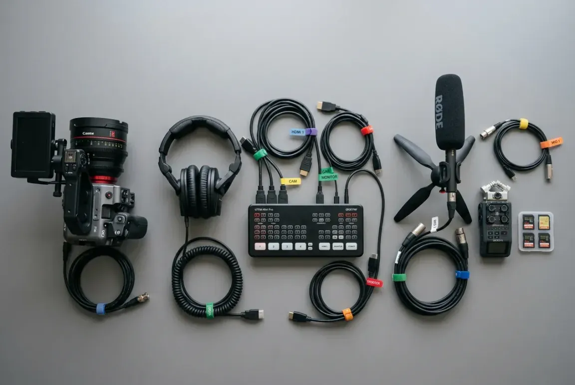 Broadcast video production starter kit organized neatly on a flat tabletop