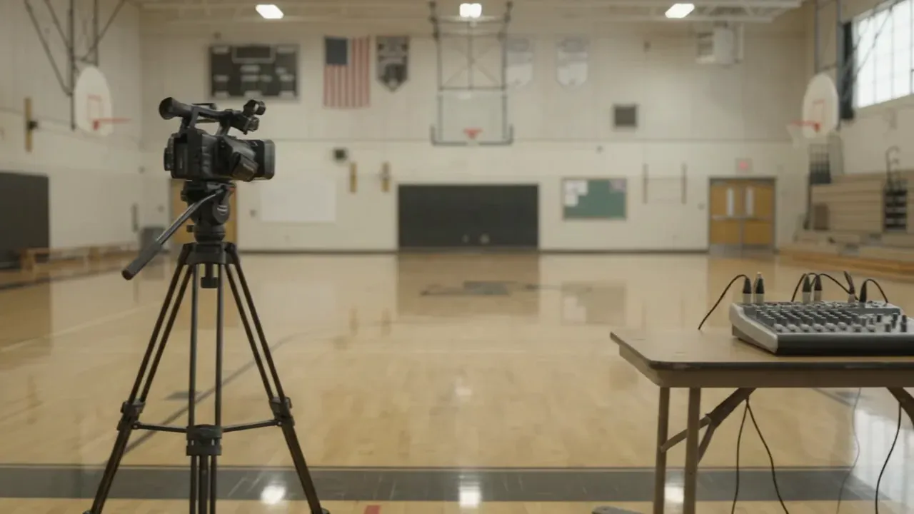 AI-generated scene of an empty high school gym with a video camera on a tripod, an audio mixer and a laptop set up on a table