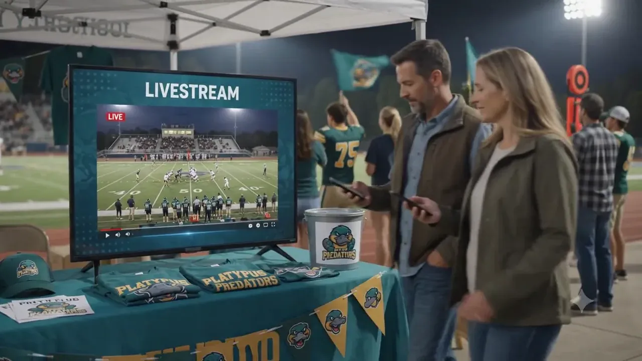 AI-generated scene at a high school football game: a booster table with team merchandise and a screen showing the game livestream, with parents stopping to watch