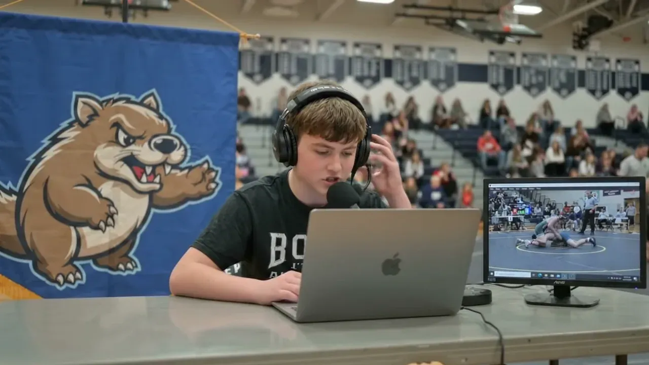 AI-generated scene of a teenage student commentator wearing a headset at a laptop at a wrestling meet, with a school mascot banner behind and the match on a monitor