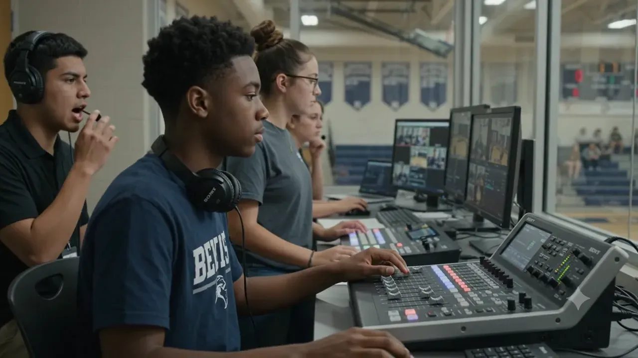 AI-generated scene of high school students wearing headsets at a video switcher and monitors in a school production control room