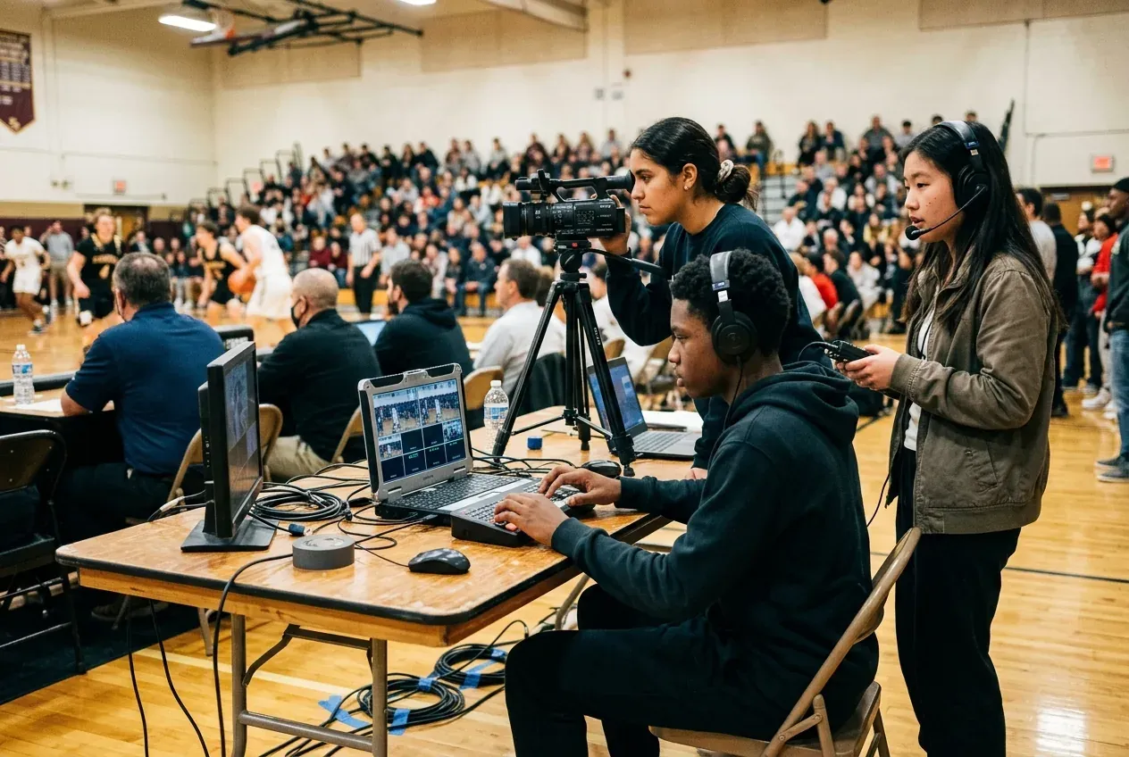 High school students operating camera, live video switcher, and audio headset during a live gymnasium broadcast