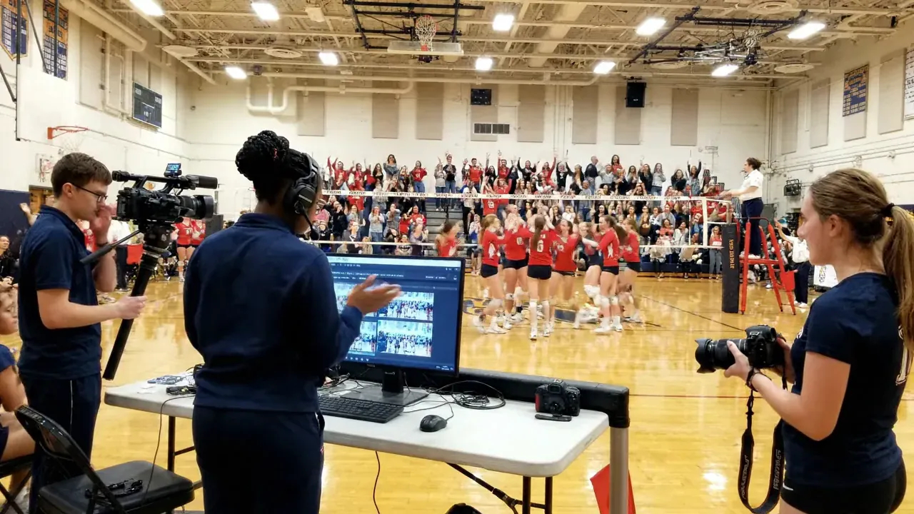 Students running cameras and a live switcher beside a volleyball court during a game (AI-generated illustration)