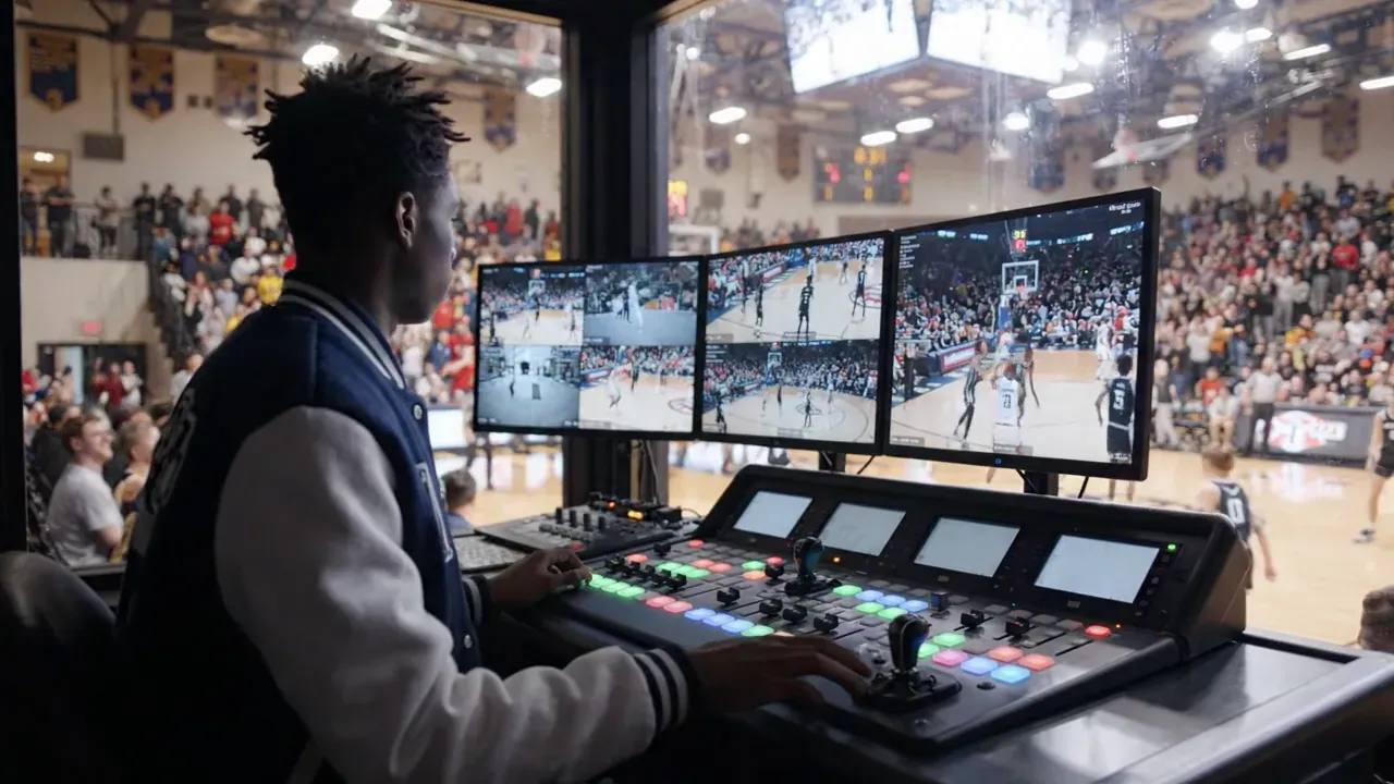 A student at a broadcast switcher in a gym booth, watching live camera feeds during a basketball game (AI-generated illustration)