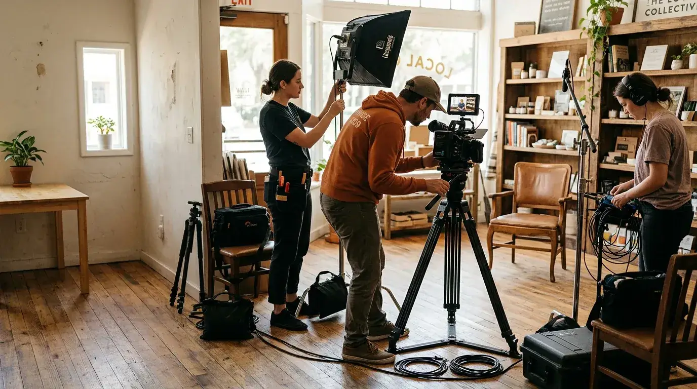 A three-person Next Day Videos crew setting up a camera, softbox and boom mic for an interior shoot in a local Jacksonville shop